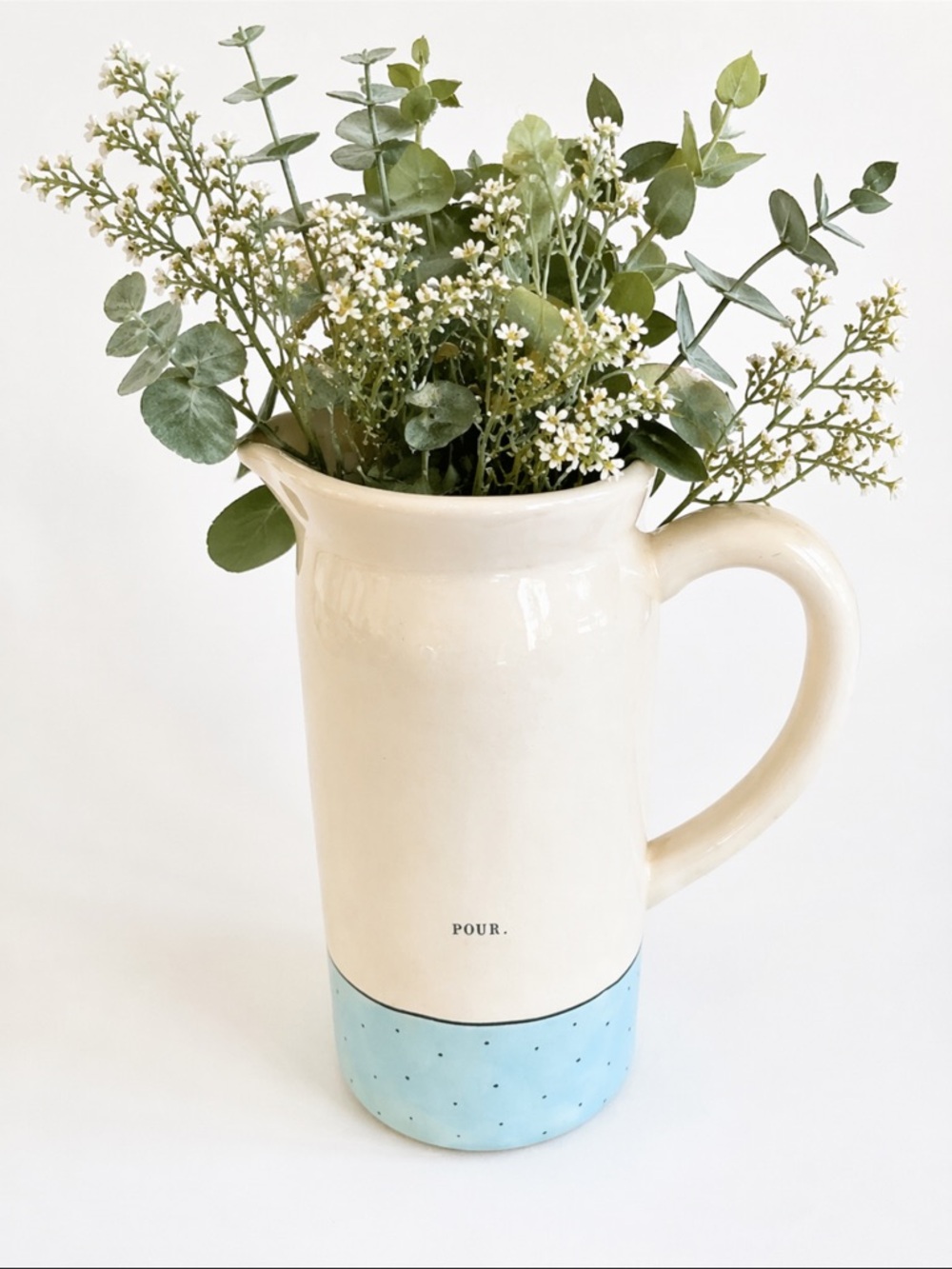 Rae Dunn “POUR” Artisan Collection Ceramic Pitcher Cream Aqua Speckled